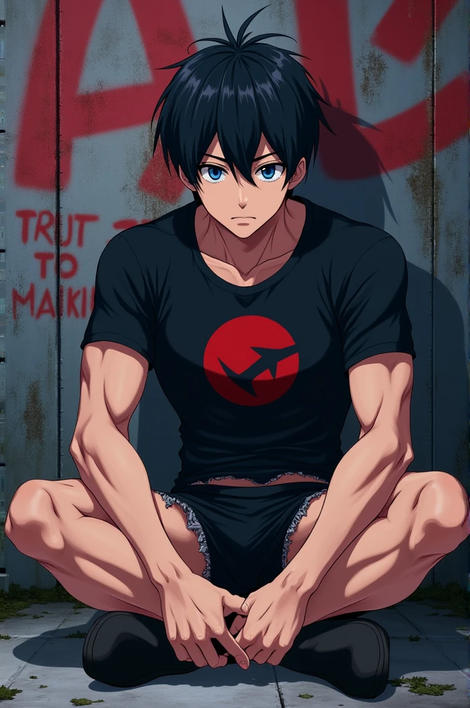 Un garçon dans le style animé japonais musclé il a des cheveux noirs et il fait les yeux bleus  expression neutre il porte un t-shirt serré de couleur noire avec un logo rouge au milieu il porte une veste noire il porte un boxer noir et  déchiré beaucoup il est assis par terre arrière-plan mur de graffiti sexy  transpiration il fait nuit il y a une érection dan son boxer adolescents  sexy