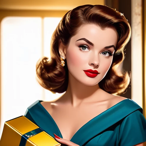 portrait of a beautiful woman, 1950s style, brown hair and eyes, holding a golden box, comic book style. She is wearing a very beautiful outfit, her face is elegant and she is young.