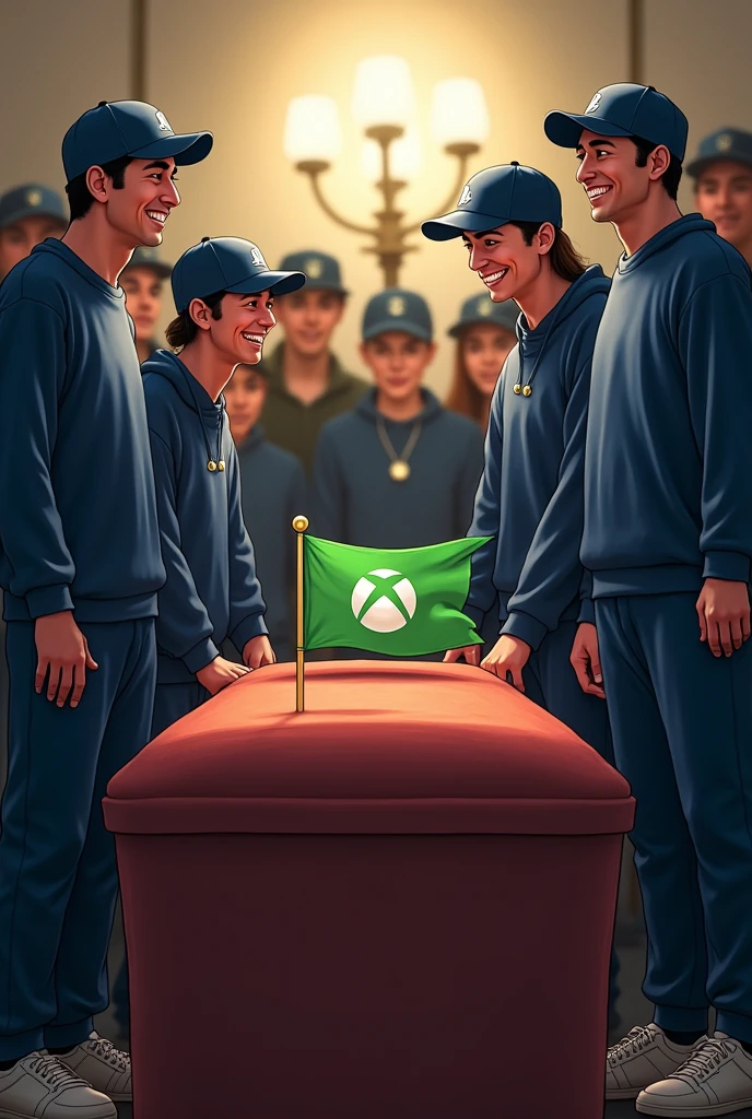 Create a realistic image of some people at a wake looking at a coffin wearing dark blue sweatpants and a blue cap with the PlayStation logo on the cap. These people are very happy and on the coffin there is a green flag with the initials XBOX.. 
