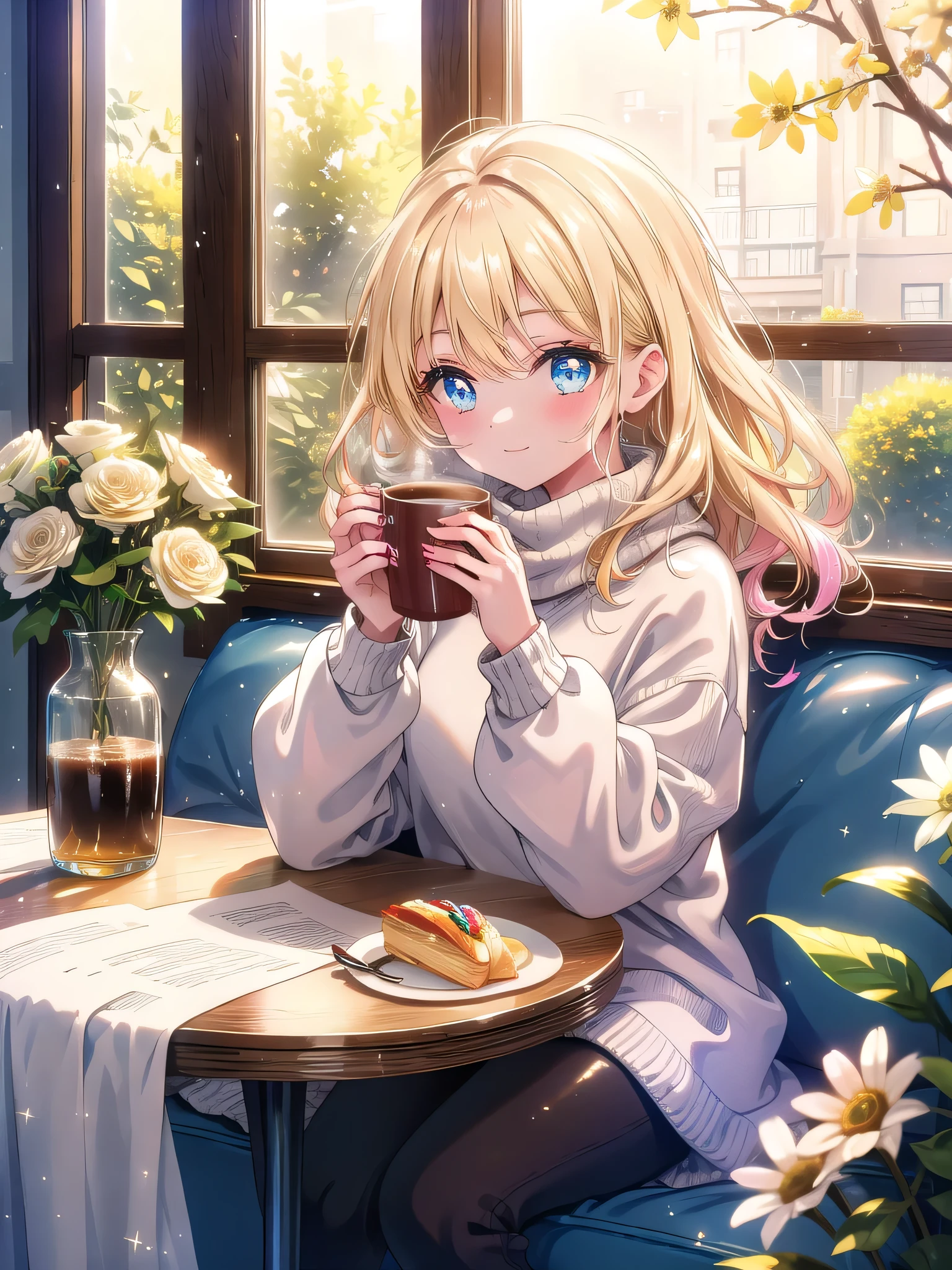 ((8k, Highest quality, masterpiece: 1.3)),Ultra-high resolution,(1 girl, alone), (Color changing eyes, Ultra-detailed, Expressive brilliance, Glitter, Glowing Eyes), Highly detailed eyes, Highly detailed face, Random Hair, ((pastel colour))Sunday Morning Coffee: A young woman with wavy, shoulder-length blonde hair is sitting at the kitchen table, holding a steaming cup of coffee in both hands. She’s dressed in a soft, oversized sweater and leggings, her expression calm and reflective as she looks out the window at the sunny morning outside. Her blue eyes occasionally glance at the camera with a serene, content smile, sharing the tranquility of a lazy Sunday morning. The kitchen is filled with warm, natural light, and the table is set with a small plate of pastries and a vase of fresh flowers, adding to the cozy, inviting atmosphere. Her partner is sitting across from her, reading the newspaper, creating a peaceful, shared moment.