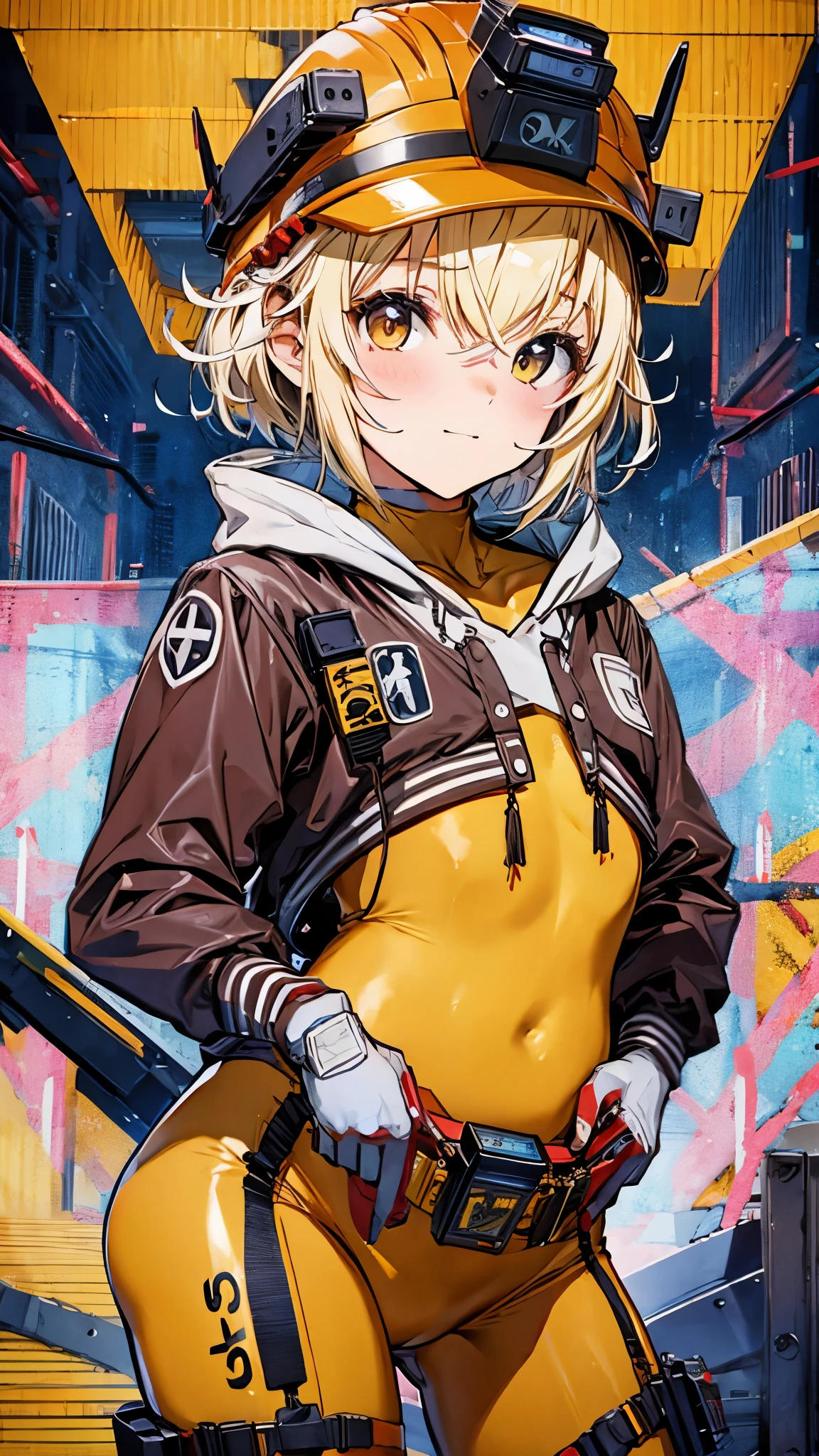 cowboy shot,nikkeliter,1girl,short stature,(flat chest:1.3),short hair,jacket,yellow eyes,helmet,(yellow zentai),smile,(chibi:1.3),masterpiece,Noise Reduction,perfect anatomy,high resolution, ultra-detailed,game cg,dutch angle ,beautiful detailed eyes,visualart,five fingers, perfect hands, perfect lighting,