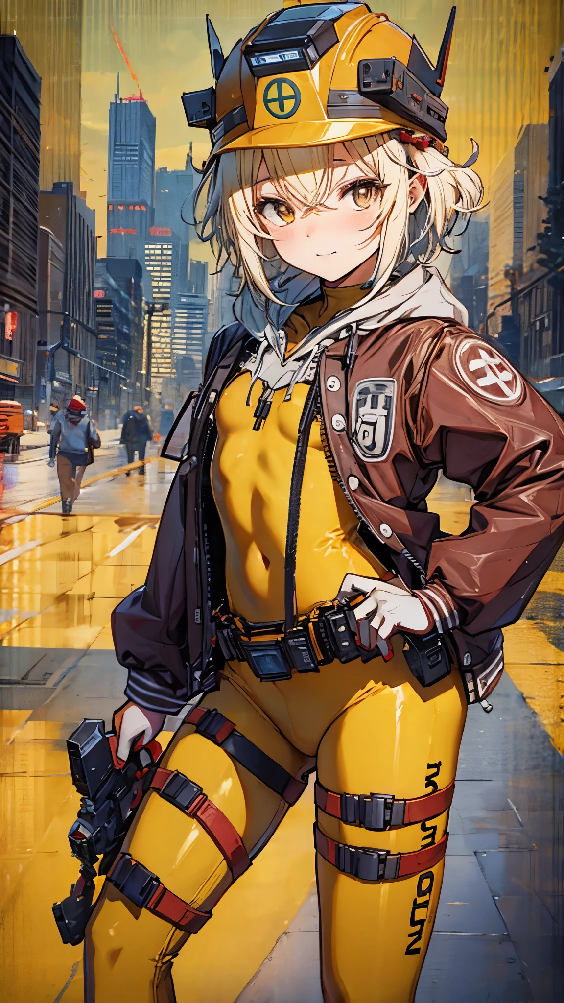 cowboy shot,nikkeliter,1girl,short stature,(flat chest:1.3),short hair,jacket,yellow eyes,helmet,(yellow zentai),smile,(chibi:1.3),masterpiece,Noise Reduction,perfect anatomy,high resolution, ultra-detailed,game cg,dutch angle ,beautiful detailed eyes,visualart,five fingers, perfect hands, perfect lighting,