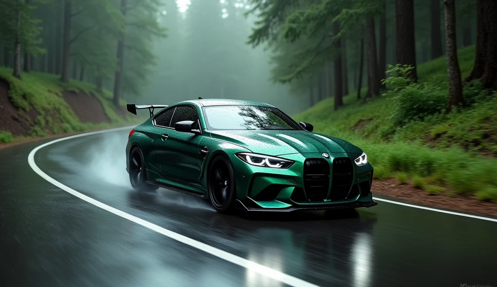BMW M4 2024 competition dark green colour on the road of forest with rain