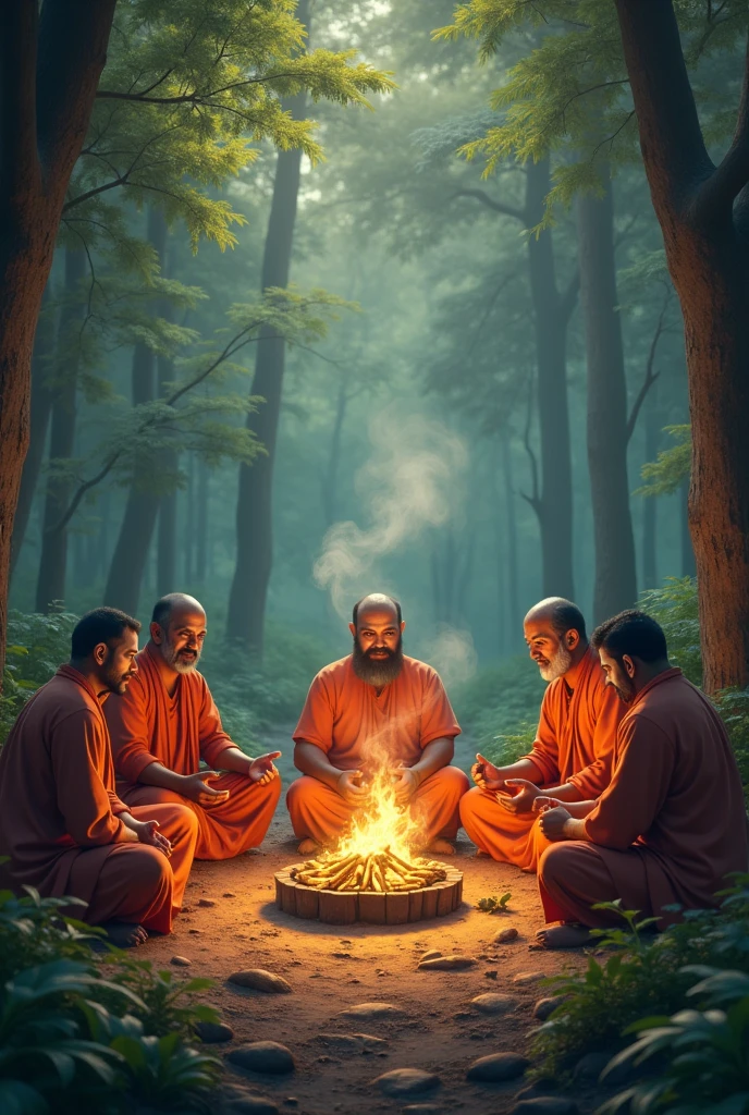 All bramhana pandits sat on floor in middle of forest and they did a yagam with wooden fire small width
