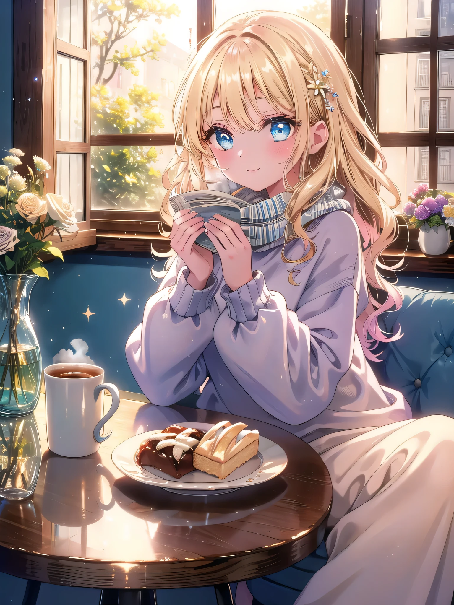 ((8k, Highest quality, masterpiece: 1.3)),Ultra-high resolution,(1 girl, alone), (Color changing eyes, Ultra-detailed, Expressive brilliance, Glitter, Glowing Eyes), Highly detailed eyes, Highly detailed face, Random Hair, ((pastel colour))Sunday Morning Coffee: A young woman with wavy, shoulder-length blonde hair is sitting at the kitchen table, holding a steaming cup of coffee in both hands. She’s dressed in a soft, oversized sweater and leggings, her expression calm and reflective as she looks out the window at the sunny morning outside. Her blue eyes occasionally glance at the camera with a serene, content smile, sharing the tranquility of a lazy Sunday morning. The kitchen is filled with warm, natural light, and the table is set with a small plate of pastries and a vase of fresh flowers, adding to the cozy, inviting atmosphere. Her partner is sitting across from her, reading the newspaper, creating a peaceful, shared moment.