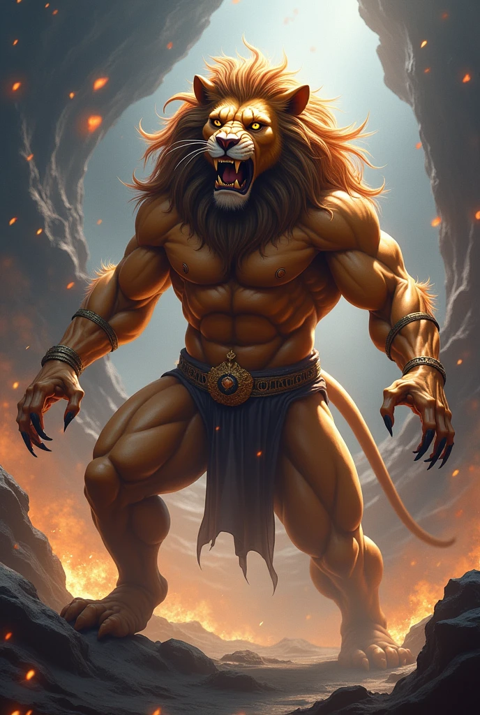 Lord vishnu narashima avatar with body and head lion with two hands long nails