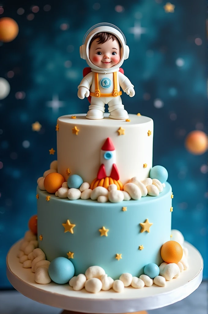 Three-tiered astronaut boy baby shower cake