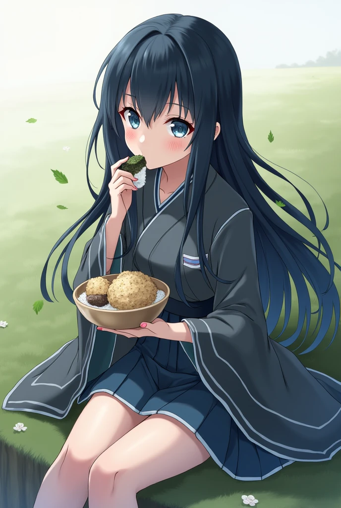 Create a female Anime character Kimetsu no Yaiba with black hair, ocean blue eyes and the squad uniform, make her eat onigiri