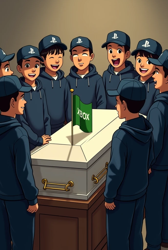 Create a realistic image of some people at a wake looking at a coffin wearing dark blue sweatpants and a blue cap with the PlayStation logo on the cap. These people are very happy and on the coffin there is a green flag with the initials XBOX.. 
