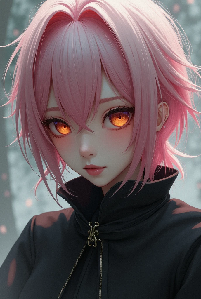 jujutsukaisen female girl with pink gradient white hair and beitiful round amber eyes and is quite Inscrutable and unscrupulous