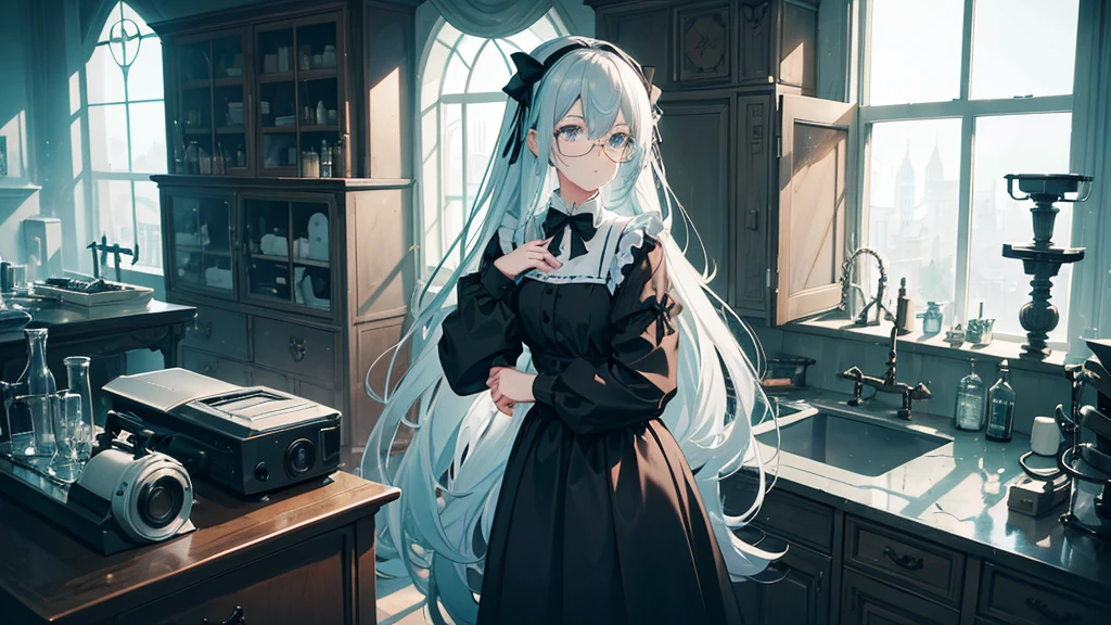 1girl, a beautiful scientist girl, serious expression, gray hair color, long hair, cyan eyes, glasses, white gothic dress, black bow tie and ribbon, ancient roman laboratory background, full of glass bottles and lab equipment, colorful windows, (darkroom:1.5), anime, fantasy, ancient roman style, Deviant Art, focus, masterpiece, sharp focus, 8k, classical, [fog:0.5], [windowlight:1.1]