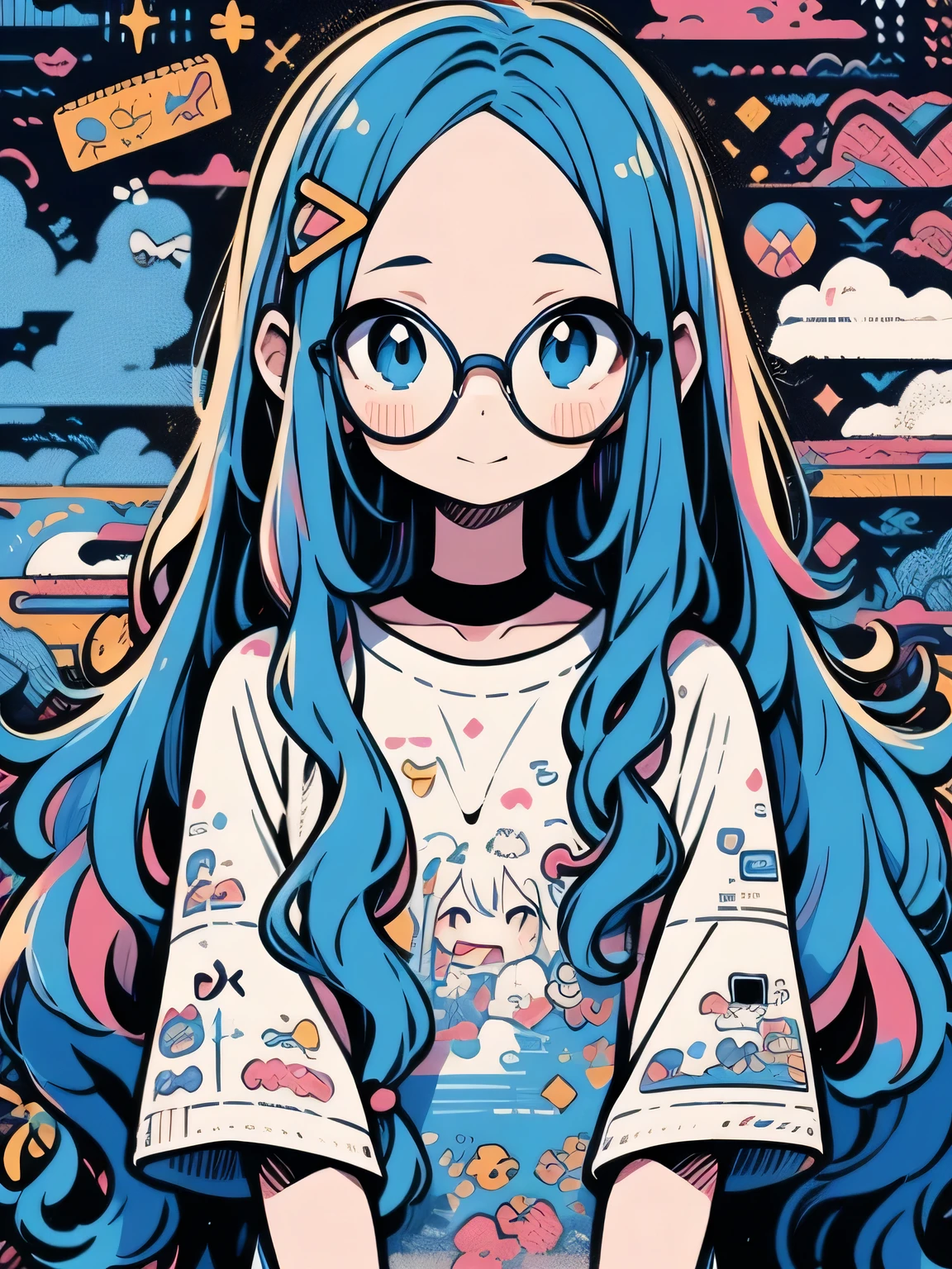 hightquality、Colorful color palette、high-level image quality、Kawaii Girl、(big forehead),long thin straight hair,glasses,Unprecedented amount of drawing、anime styled、Geometric pattern background、front facing、sticker style