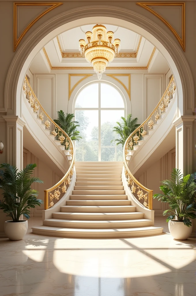 Enterance view of lavish 30 feet height bunglow with luxurious white amd golden royal interior with two sided curved stairs to go upstairs qith some florql designs in interior and huge crystal chandelier