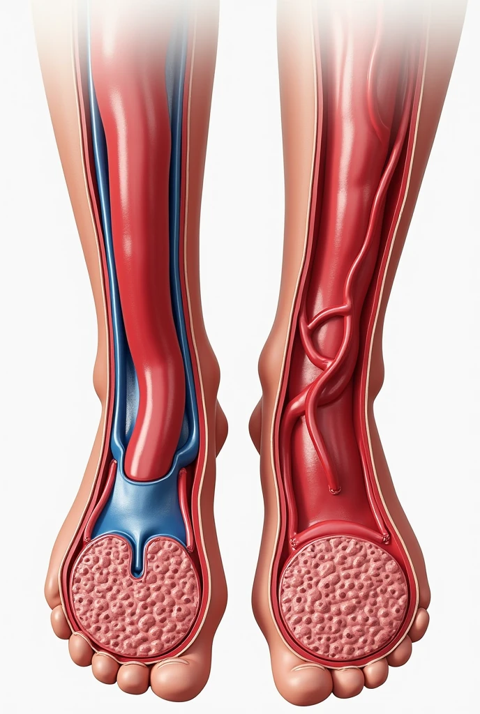 Create an an image of a person with Peripheral Arterial Disease, showing cross-sections of both arteries, highlighting the blood flow and plaque buildup