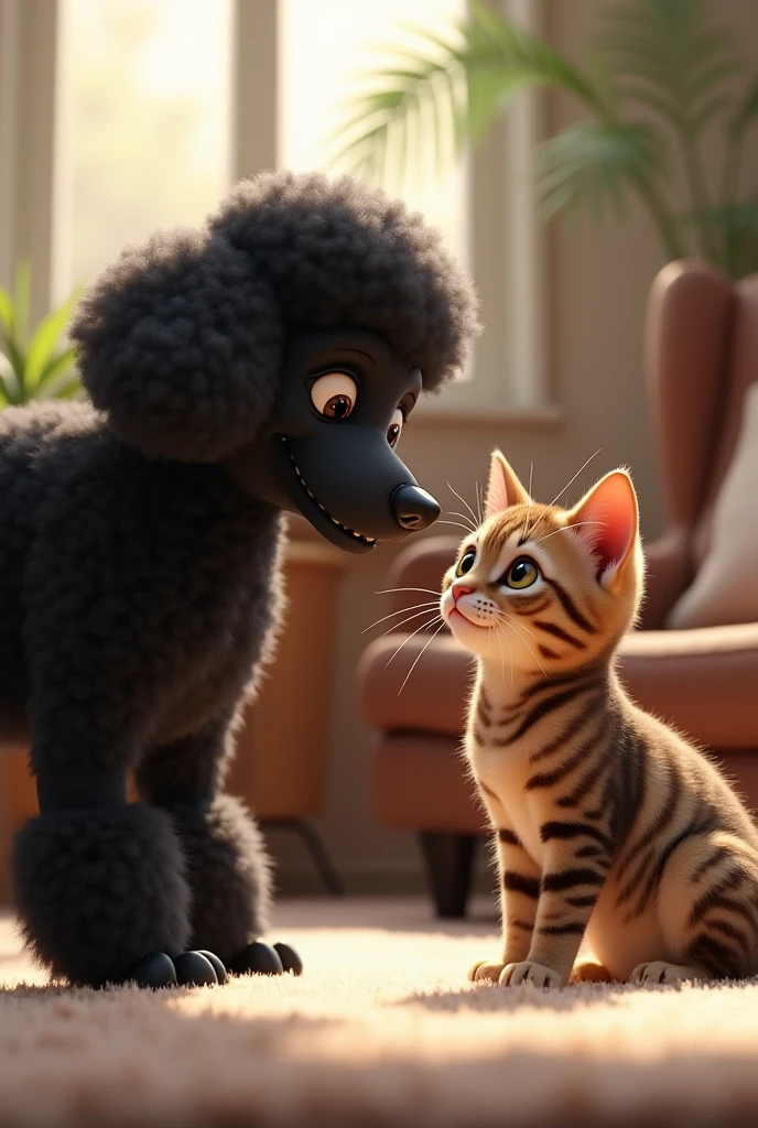A black poodle and a tabby cat 
