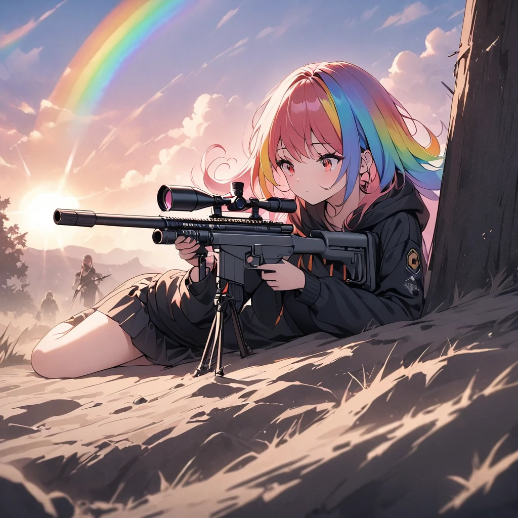 One woman,Sniper,sniper rifle,Barrett M72,Very long barrel,The woman is wearing a black hoodie.,mini skirt,Lying on the ground,Blowing in the Wind ((Red eyes,Rainbow Hair)) The woman is a survival game avatar,Playing a battle royale,Whole body,Sniping,profile,Filmography,Taking aim, dust swirls.,A little blurry,sunset,sun,wilderness,It's going to be slaughtered