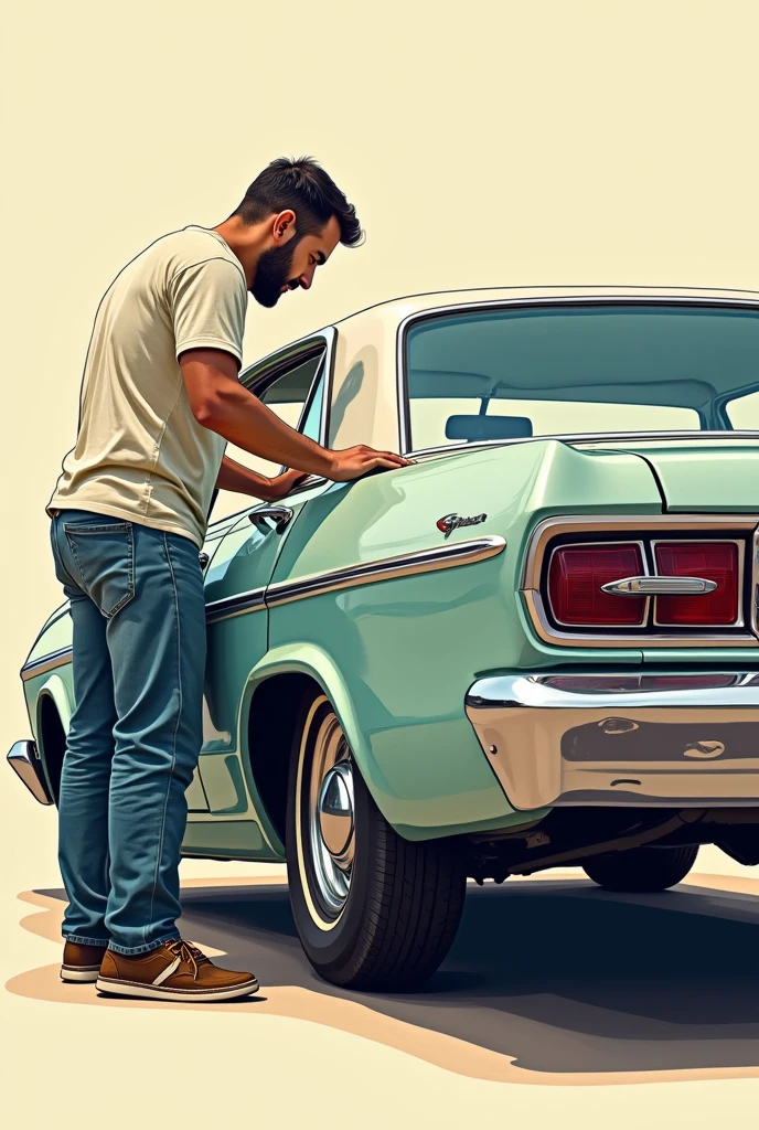 Cars are fun、Don't build a new car, build your favorite car、T-shirt design、An illustration、Rear of the car、Back view of a man taking care of his car