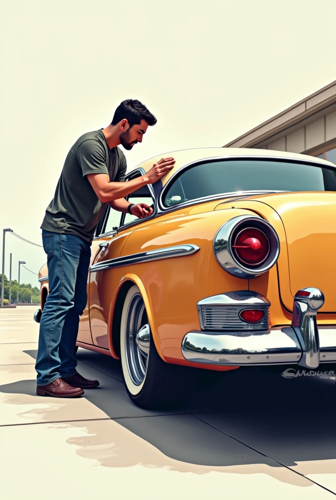 Cars are fun、Don&#39;t build a new car, build your favorite car、T-shirt design、An illustration、Rear of the car、Back view of a man taking care of his car