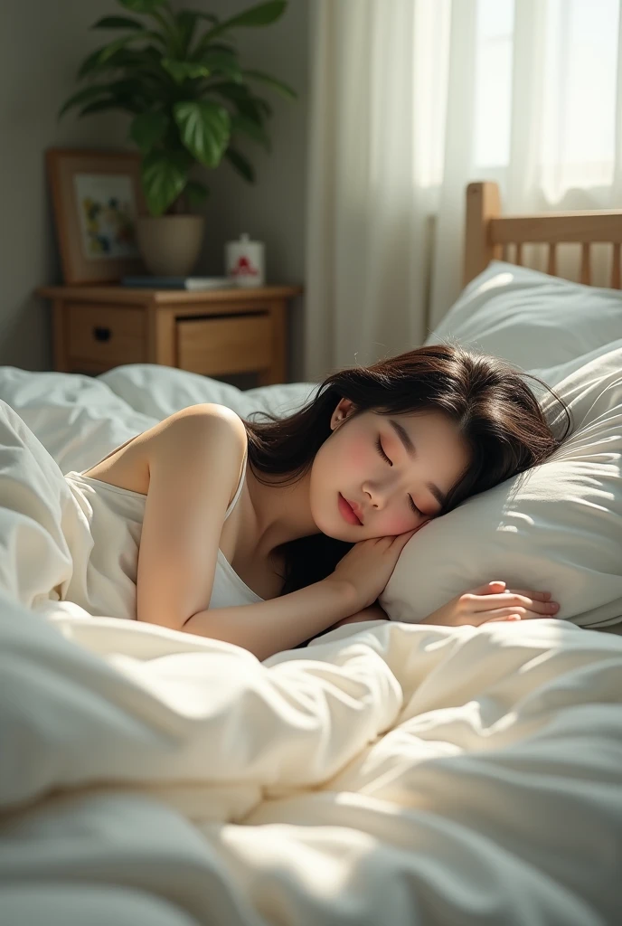 a Korean girl sleeping on bed on her belly side