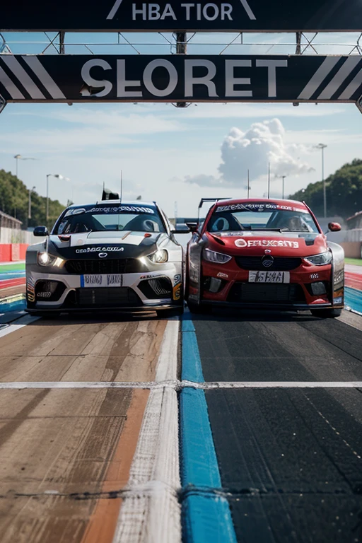 create an image of an exciting race between two cars nose to nose before the finish line , the stands froze in anticipation of the winner
