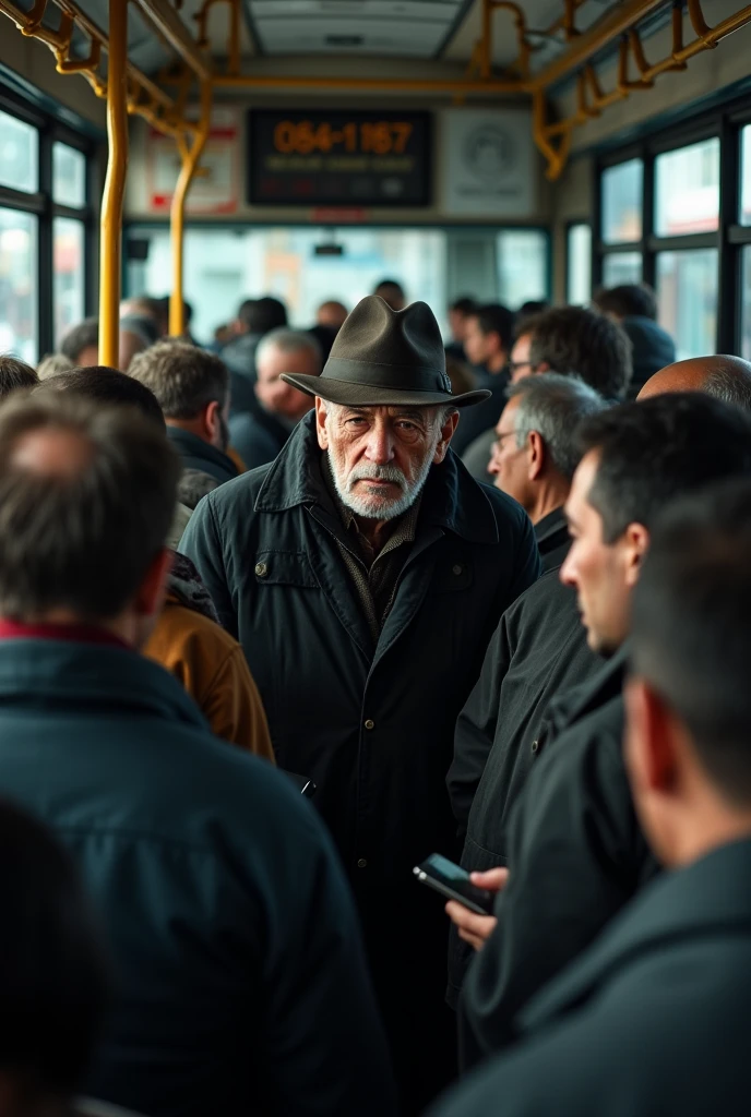 D'accord, voici un prompt que t
"Une photo montre un vieux monsieur debout dans un bus bondé qui parle a gens présents dans le bus .He wears a dark coat and a worn hat., with deep wrinkles marking his face. Le bus est rempli de passagers divers, but he seems isolated in his seat. Les gens autour de lui sont plongés dans leurs activités : certains regardent leur téléphone, others are discussing.