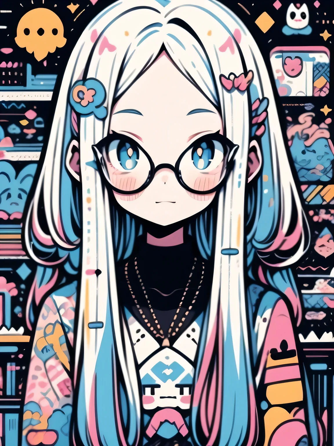 hightquality、Colorful color palette、high-level image quality、Kawaii Girl、(big forehead),long thin straight hair,glasses,Unprecedented amount of drawing、anime styled、Geometric pattern background、front facing、sticker style