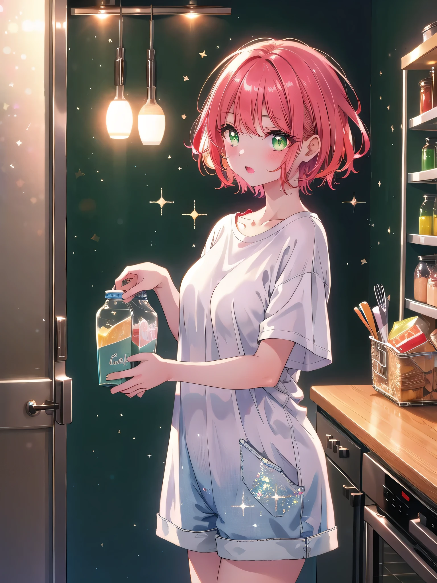 ((8k, Highest quality, masterpiece: 1.3)),Ultra-high resolution,(1 girl, alone), (Color changing eyes, Ultra-detailed, Expressive brilliance, Glitter, Glowing Eyes), Highly detailed eyes, Highly detailed face, Random Hair, ((pastel colour))A woman with short, pixie-cut red hair is caught mid-motion, standing in the kitchen, her hand inside the fridge as she grabs a late-night snack. She’s wearing an oversized white T-shirt and sleep shorts, her expression playful and slightly guilty, as if she’s been caught in the act. Her green eyes sparkle mischievously as she looks over her shoulder at the camera, sharing a moment of fun. The kitchen is dimly lit, with the cool light from the fridge illuminating her face, creating a cozy and intimate late-night atmosphere.
