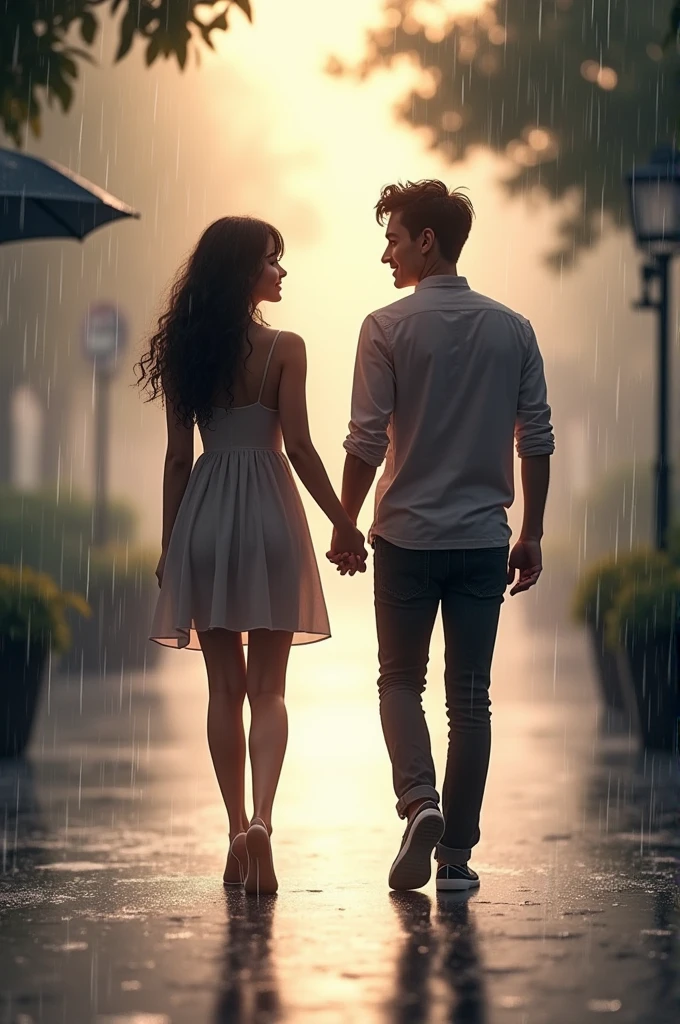 The couple holds hands and walks together through the rain, with the umbrella in the background. The scene is calm and romantic, with rain softly falling as they stroll hand-in-hand, enjoying the moment despite the weather.