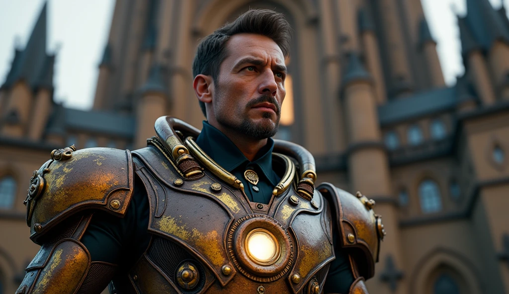 1850's Marvel Avengers character, iron man , vintage iron suit, realistic, realistic character, vintage, vintage character, vintage background, male, avengers tower in background, highly detailed, extremely detailed, 8k, masterpiece, ultra-detailed, photorealistic, hdr, studio lighting, physically-based rendering, extreme detail description, vivid colors, dramatic lighting, cinematic, epic
