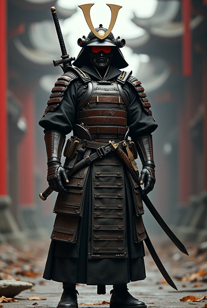 A modern Asian samurai mixing original period attire with modern and futuristic 21st century military attire with a holstered pistol