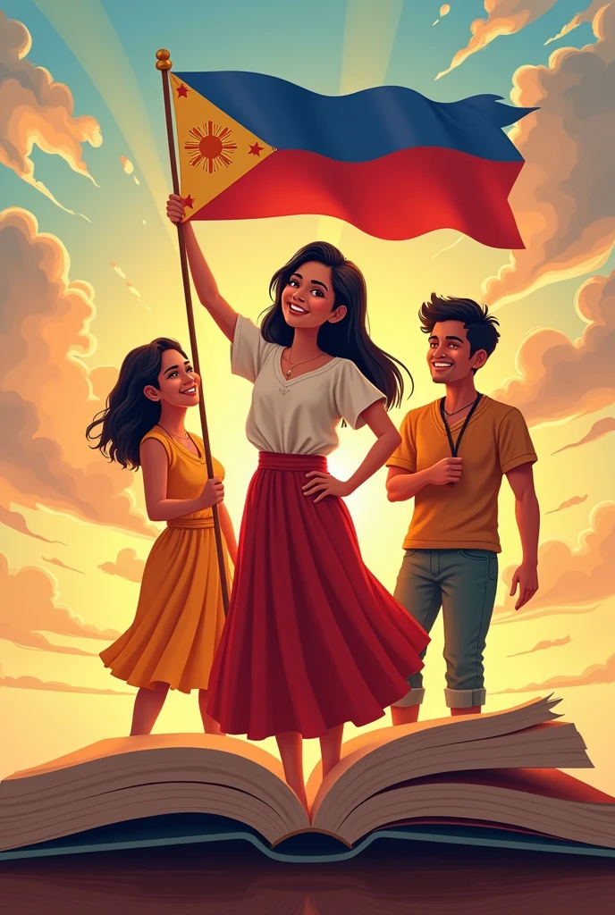 Create a traditional and modern logo for Buwan ng Wika (National Language Month) featuring three people smiling with bright teeth, brown skin tone, standing close together popping from a book in the BACKGROUND and wearing traditional Filipino attire. The central figure, a girl in a traditional Filipino dress consisting of a blouse (Baro) and a skirt (Saya), holds the Philippine flag. The two accompanying figures, one boy in a Barong Tagalog and the other one boy in tribal attire, overall 3. Use the colors of the Philippine flag and any other colors that represent the topic. The composition should be in a fish point of view. (warm tone) (golden hour) (close up)