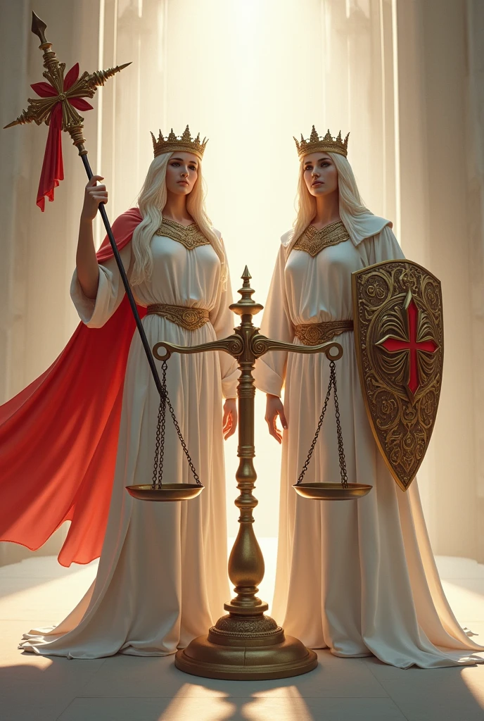 God and Goddess of neutrality with white red and gold
Both of them are protector one with a banner with the red cross the other a shield inspired by the red cross
Add the shield and a weighing scale ⚖️