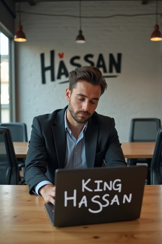 Sitting in a very designing office with simple office writing on the table in front and King Hassan written on the back of the laptop and Hassan written on the back wall.