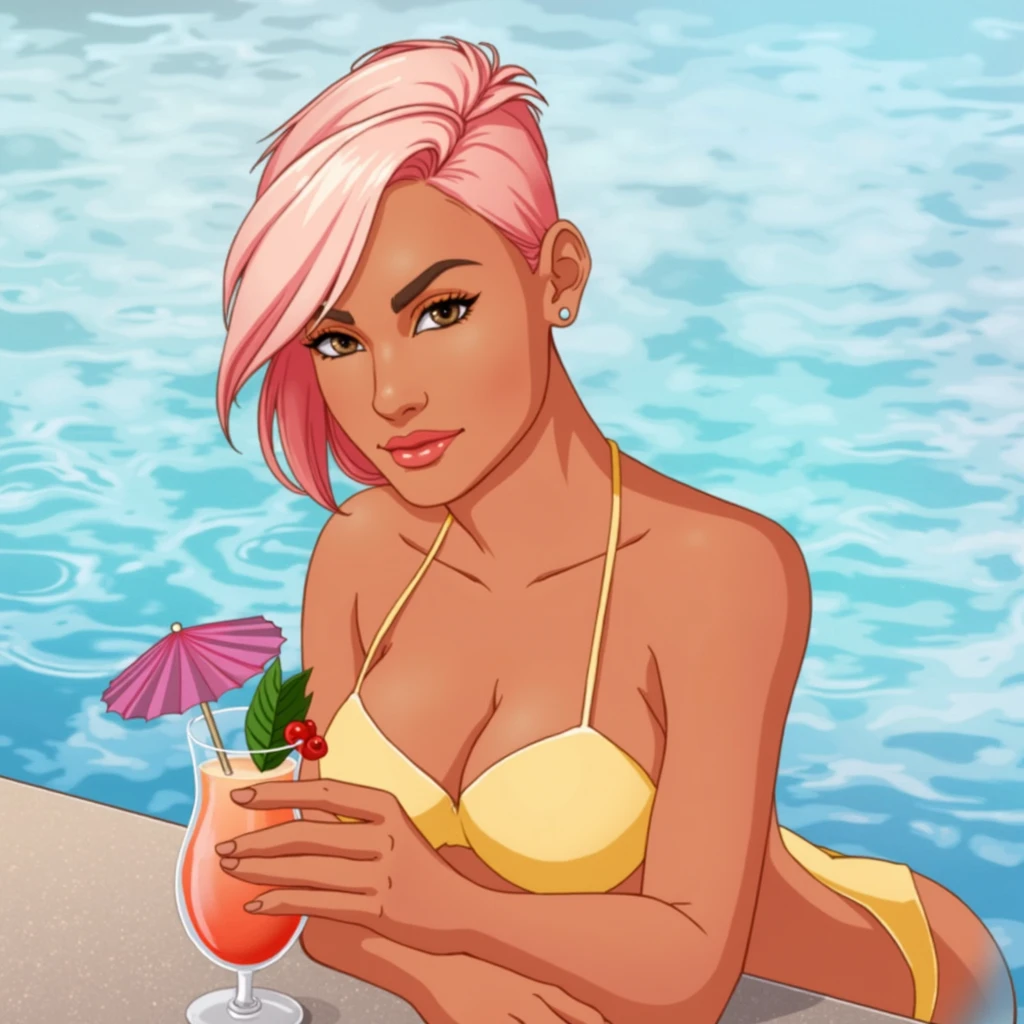 Alice has brown eyes, short light pink hair, and tan skin.