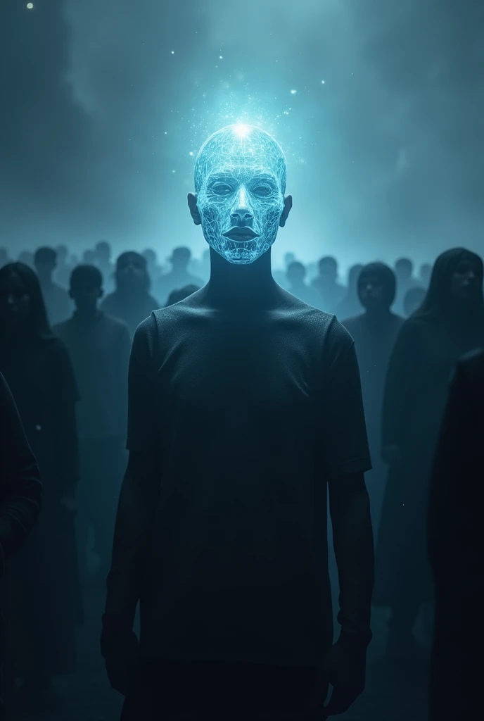 A man in the middle of thousand people but only him has a crystal face , glowing like a crsytal, hes faint smilling , those people Shadow, black , surround him
