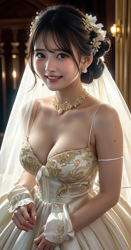 (8k,RAW Photos,Like the picture:1.45),masterpiece,Highest quality,wonderful,(セクシーなMature Woman:1),(Mature Woman:1.3), (3 woman.1.3)、(((very, very大きい)))、(((Extremely lewd and very huge boobs)))、(((Very deep cleavage)))、Hyper Real、In the lounge of a luxury hotel、An extremely beautiful and dignified smile、Extremely beautiful white skin、Extremely beautiful, delicate and precise skin texture、With long, fluffy, gorgeous brown hair((Evening updo:1.65))、Extremely beautiful women of Japan、(Big Ass)、Thick thighs、Bright red lips、Gold earrings、Gold bracelet、Gold Necklace、(Super Detail),((very繊細で美しい)),Focus on the characters,Dynamic Angle,looking at onlookers with an intensely lewd gaze,((alone)),Are standing,((Extremely obscene whole body)),((a princess wearing a wedding dress that's a gorgeous evening gown with voluminous skirts)),((Smiling beautiful bride)),Detailed, Big smile and eyes,Jewel-like eyes,((very長くてボリュームのある髪)),Gorgeous embroidery and lace,((Gorgeous corsage)),See through,(Gorgeous Jewelry Ornaments),Luxury Hair Accessories,Gorgeous jeweled tiara,Gorgeous frills,((Very lewd face and huge breasts)),indoor,Very fancy church wedding,((Extremely obscene whole body)),Hoop skirt,crinoline,very long wedding veil,(((a mix of a bejeweled wedding dress and a luxuriously embroidered rococo ball gown))),