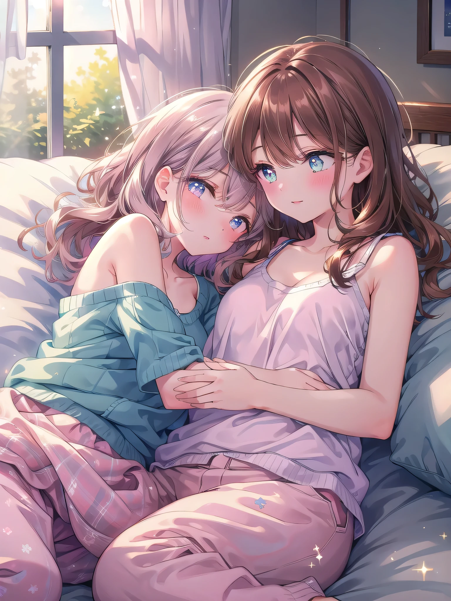 ((8k, Highest quality, masterpiece: 1.3)),Ultra-high resolution,(1 girl, alone), (Color changing eyes, Ultra-detailed, Expressive brilliance, Glitter, Glowing Eyes), Highly detailed eyes, Highly detailed face, Random Hair, ((pastel colour))The woman, with long, wavy dark brown hair, is lying on the bed in the bedroom, her head resting on her partner's chest as they take an afternoon nap together. She’s dressed in a soft cotton tank top and pajama pants, her expression peaceful and serene, with her eyes closed and a slight smile on her lips. The room is filled with soft, natural light filtering through the curtains, creating a warm, comforting atmosphere. The camera captures the tender moment from above, highlighting the tranquility of their shared nap.