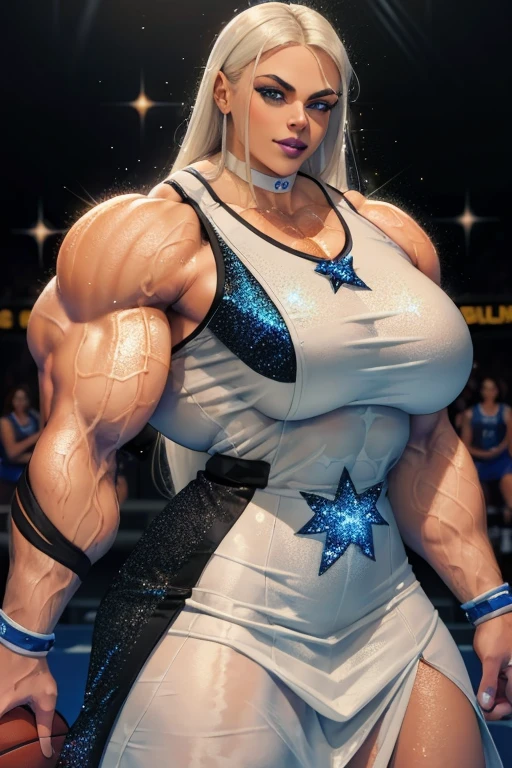(Close-up), tall, (White hair) beautiful muscular woman, long straight hair, brown skinned, (closed smile), large breast, (black lipstick), (massive muscles), (hyper muscle), (ginormous bulky muscles), blue eyes, (((sparkly white basketball jersey dress))), white bracelets, choker, sneakers, (in a dormitory) at night,