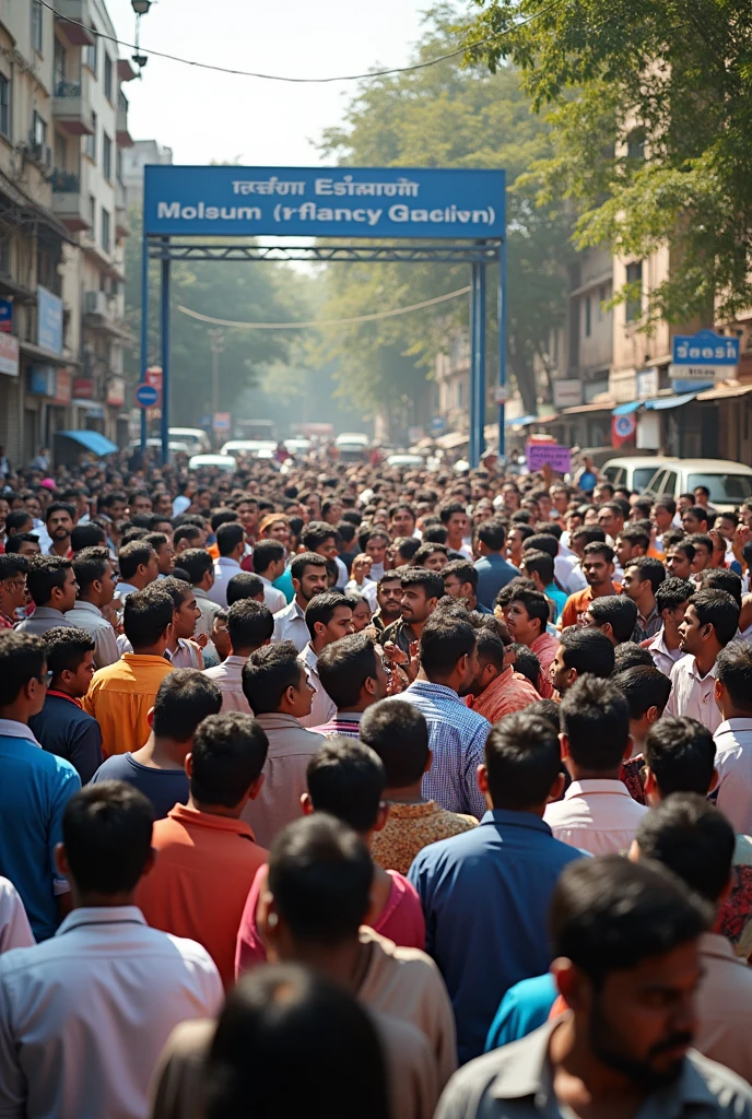 Group of indian people protest against crime near police station, 