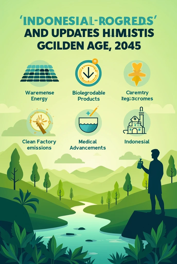 bMake a graphic poster with green writing indicating progress and updates and a brief explanation., with a link to real life and a graphic with a theme "The role of chemistry in preparing Indonesia&#39;s golden age 2045" which has chemical element icons, sel Surya/renewable energy panels, plastik biodegradable/ eco-friendly products, air filter/factory with clean smoke, vaccine/obat-obatan, book/laboratorium, silhouette of hand holding laboratory equipment or innovating etc..