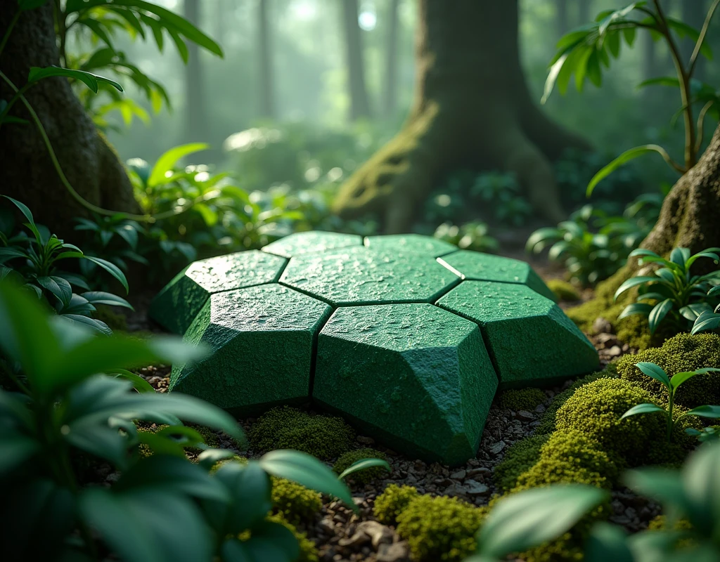 a highly detailed hexagona moist green stone cockle.in jungle.