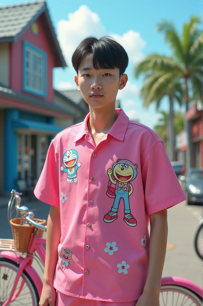 A Korean man with the head of Nobi Nobita wears a pink barbie-themed shirt with a background of a pink bicycle and Doraemon's house
