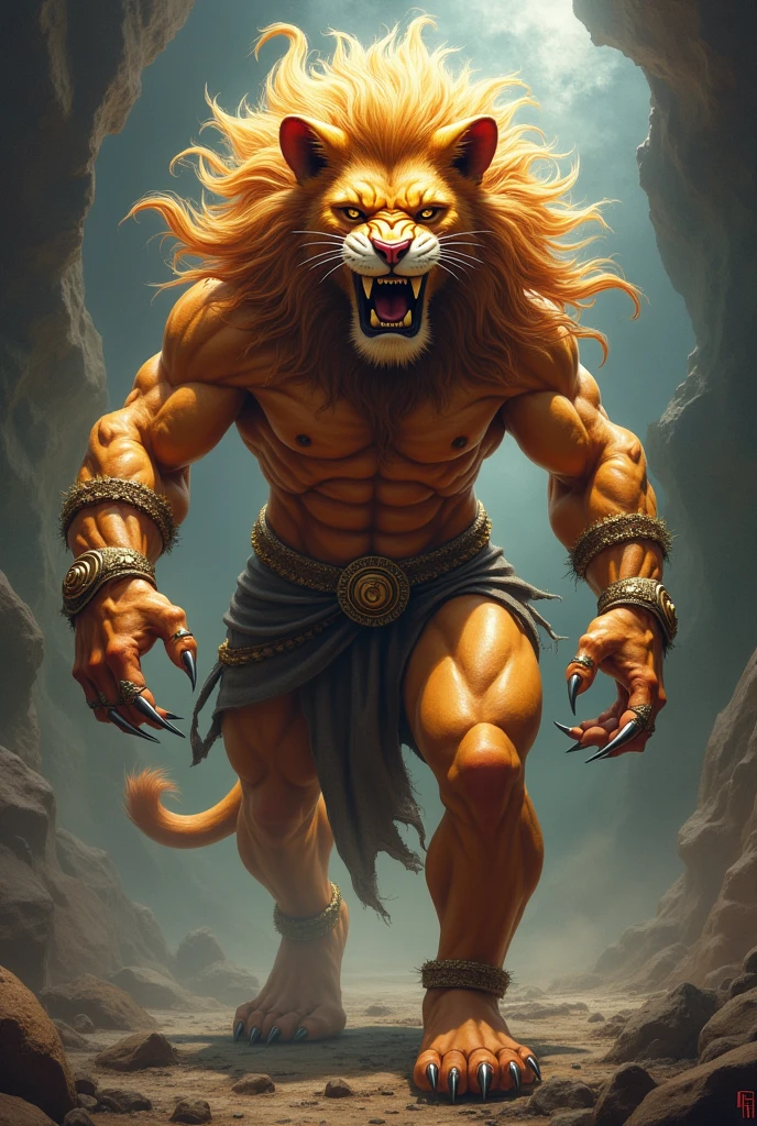 Lord vishnu narashima avatar with body and head lion with two hands long nails