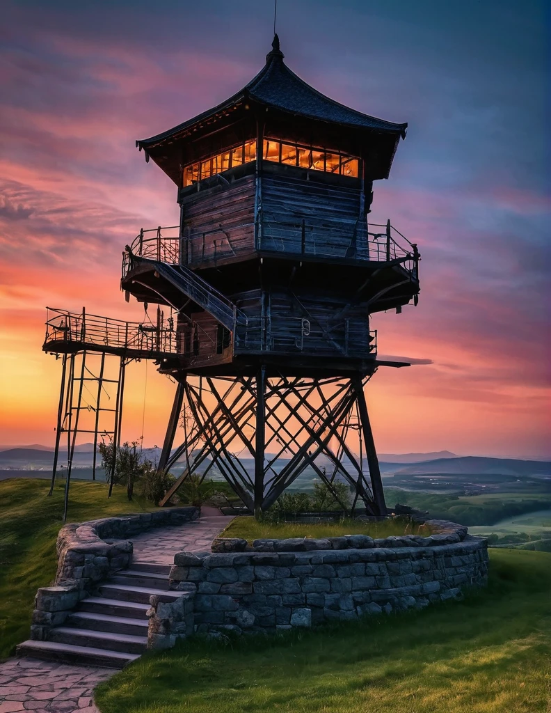 perfect photo of watchtower, beautiful place, extremely detailed, aesthetic, vibrant, evening