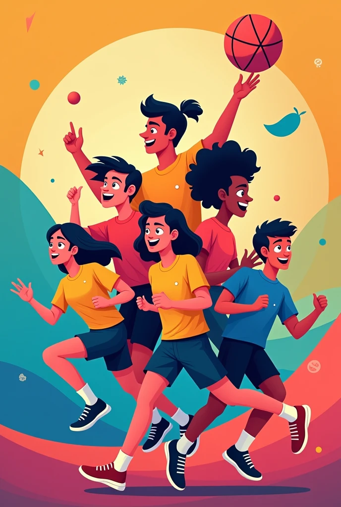 generates a poster whit ilustration moderno anímate for an event celebrating the dynamism of young people in sports, cultural, political fields