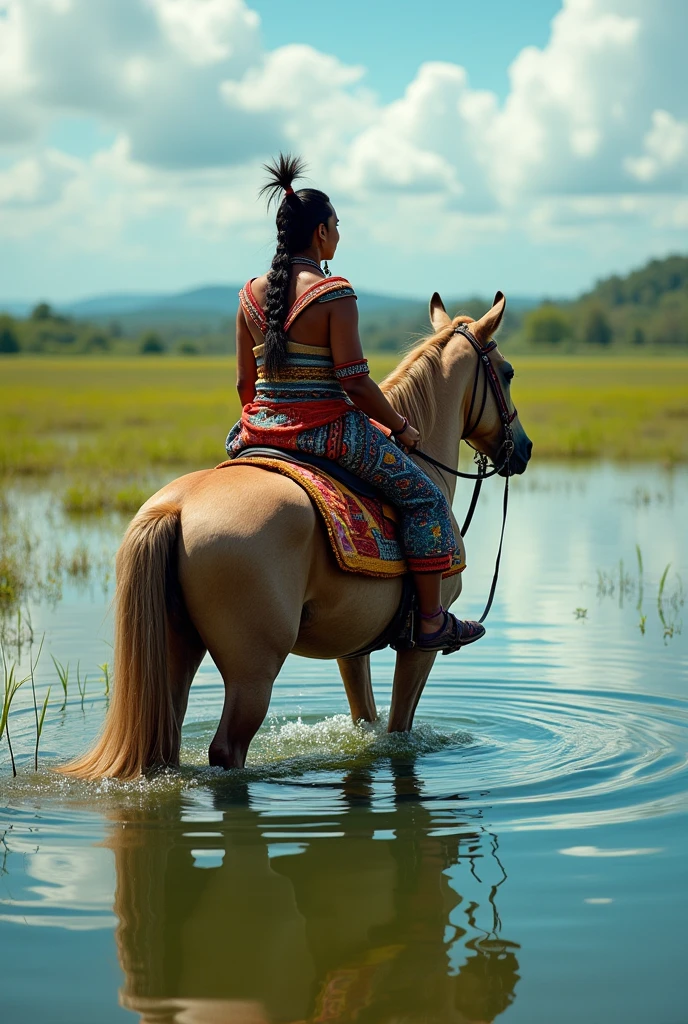 An indigenous person riding a prehistoric horse. The indigenous person must wear a mix of traditional Guarani and Tikuna clothing..He must be facing backwards on a sturdy horse without any kind of saddle looking at a floodplain of crystal clear water with a depth effect and a sense of tranquility.. The colors of the landscape are shades of green, azuis e vermelhos.