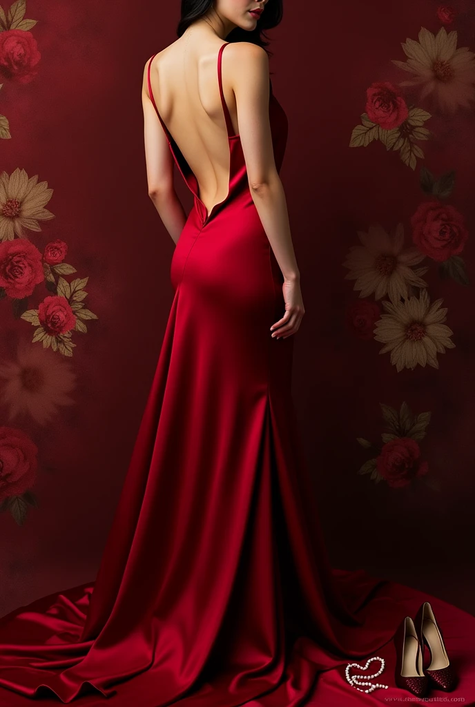 *The dress was a deep red, floor-length gown with a low back and a high slit on the side. Beside it, lay a pair of matching red heels and a string of pearls.