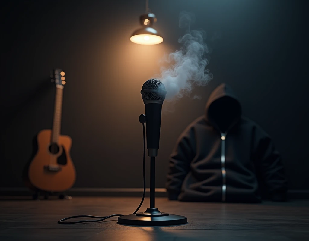 Make a dark room with a lamp above making it throw light towards the floor, the light reveals a microphone, Smoke comes out of the microphone, Behind the microphone there is a guitar and a black hooded sweatshirt

