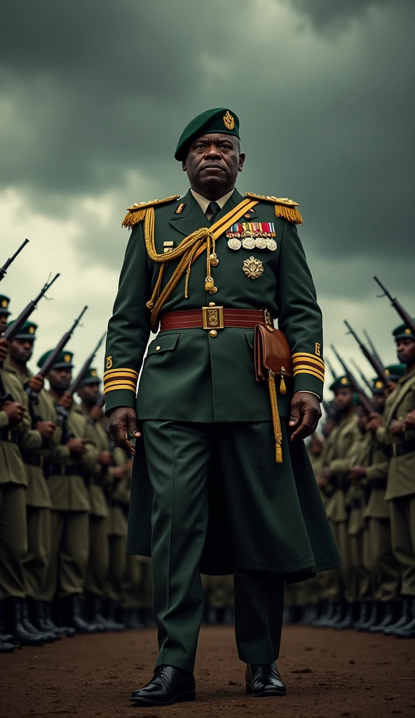 Idi Amin in military attire, standing in front of a rally of armed soldiers, with dark clouds gathering ominously overhead.