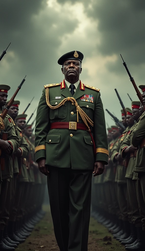 Idi Amin in military attire, standing in front of a rally of armed soldiers, with dark clouds gathering ominously overhead.